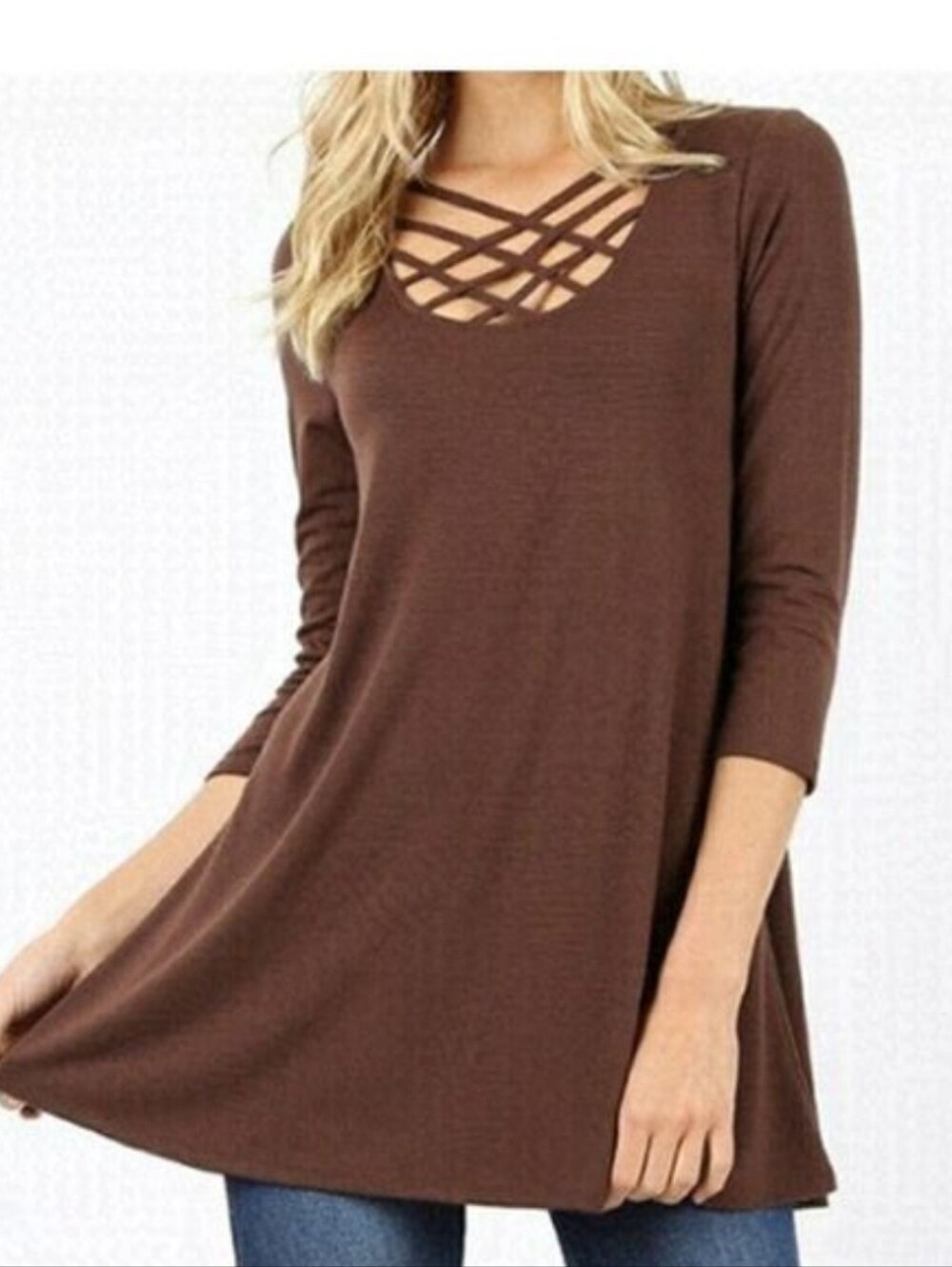 ZENANA 3/4 Sleeve Brown Tunic Top Size Small NWT